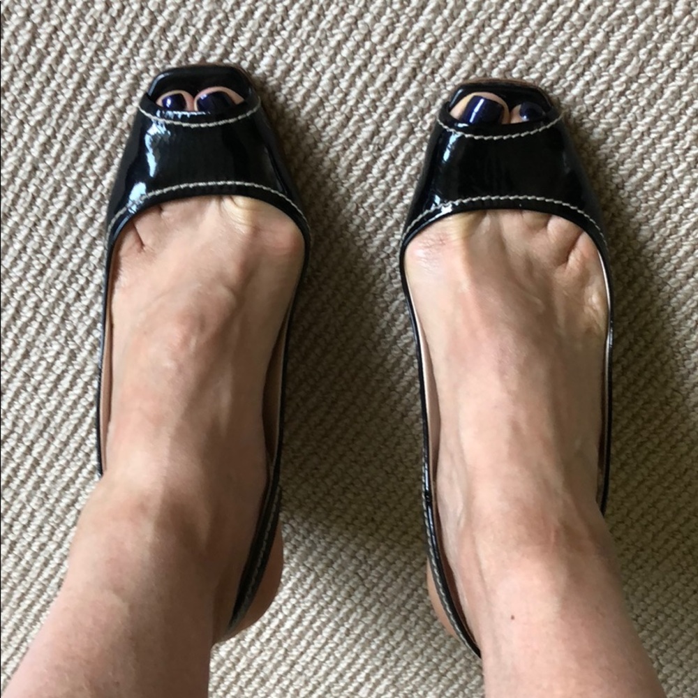 Prada Black Patent Leather Wedge Sandals